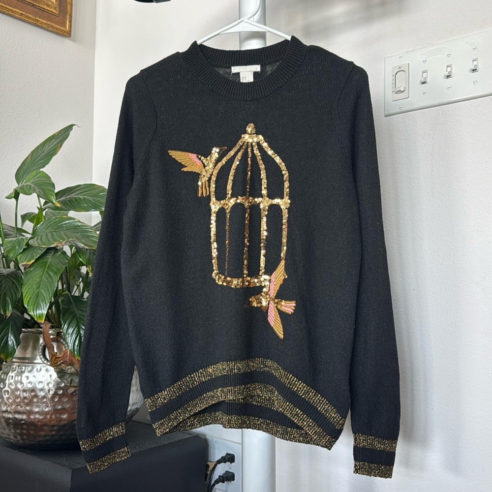 H&M Black Gold Sequined Bird and Cage Sweater Sz S Crew gold sparkles